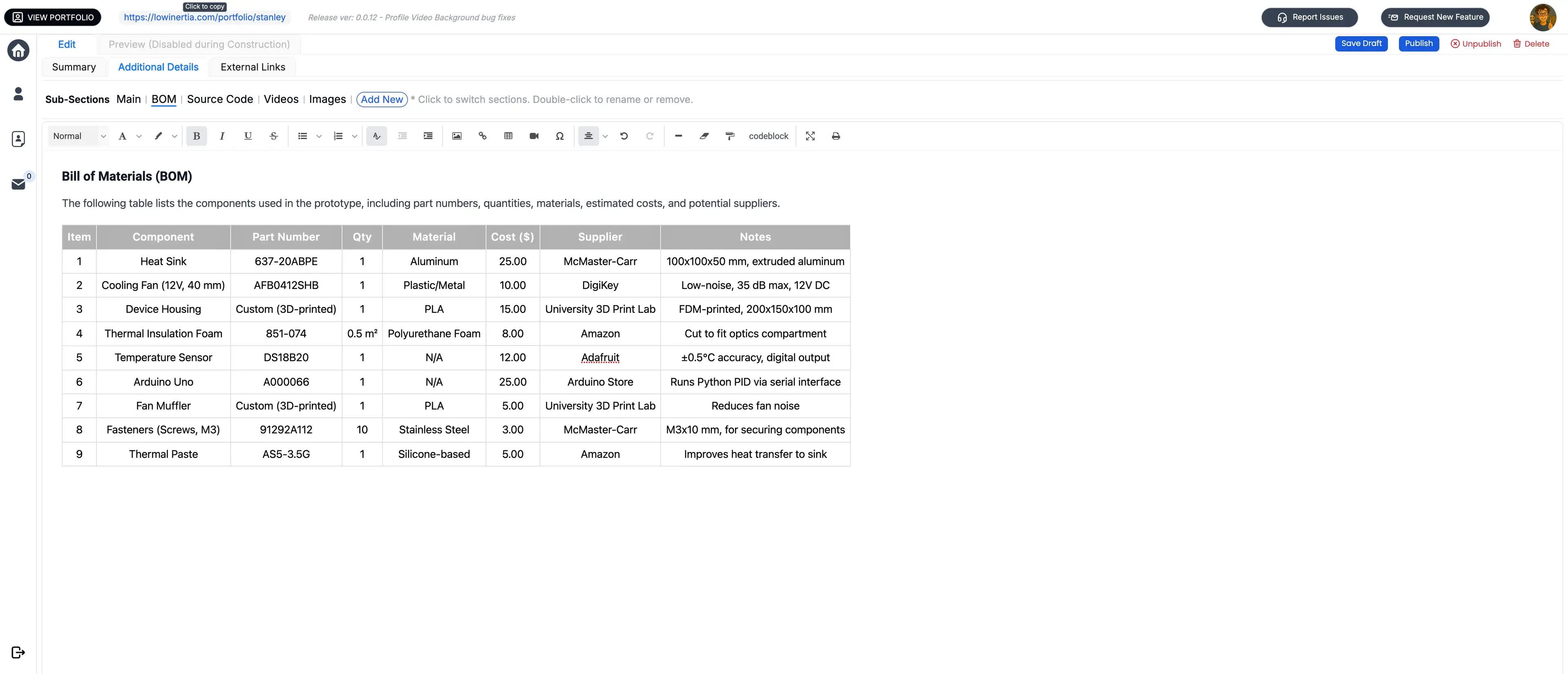 lowinertia rich text editor with code blocks, image embeds, tables and formatted text for engineering project documentation