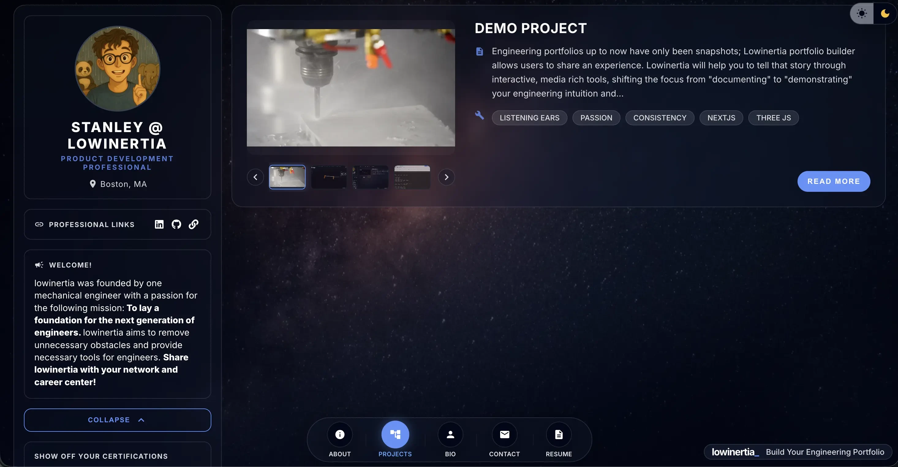 lowinertia engineering portfolio page demo showing projects, skills, and profile layout