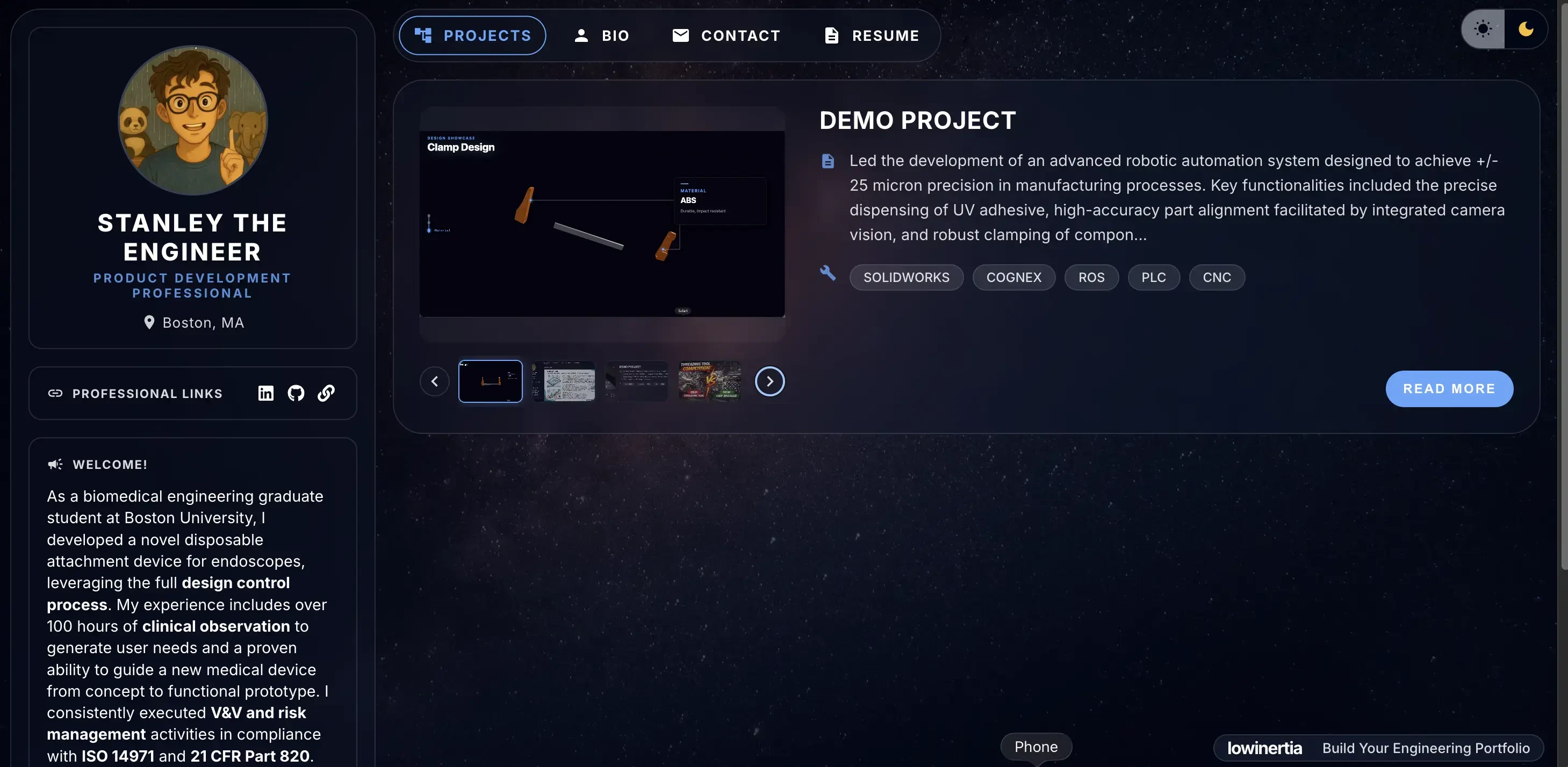 lowinertia engineering portfolio page demo showing projects, skills, and profile layout
