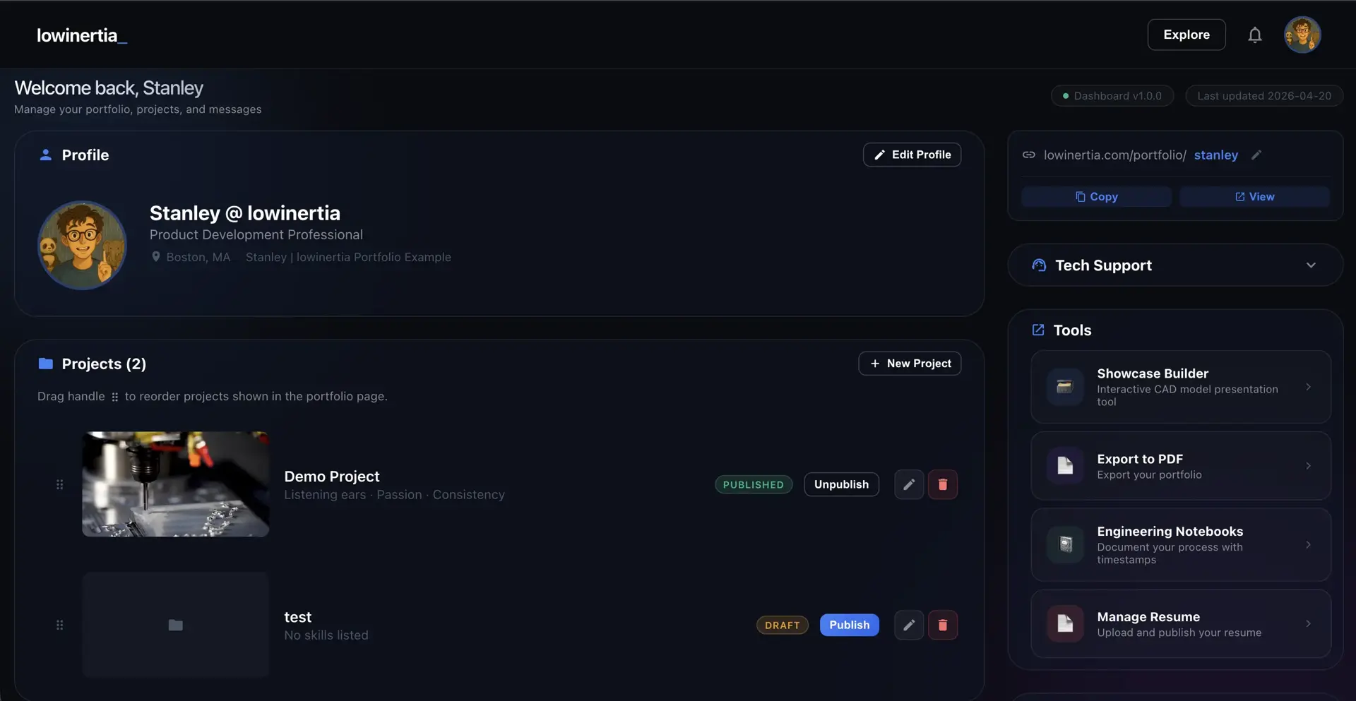lowinertia project editor dashboard with rich text, image and video upload tools