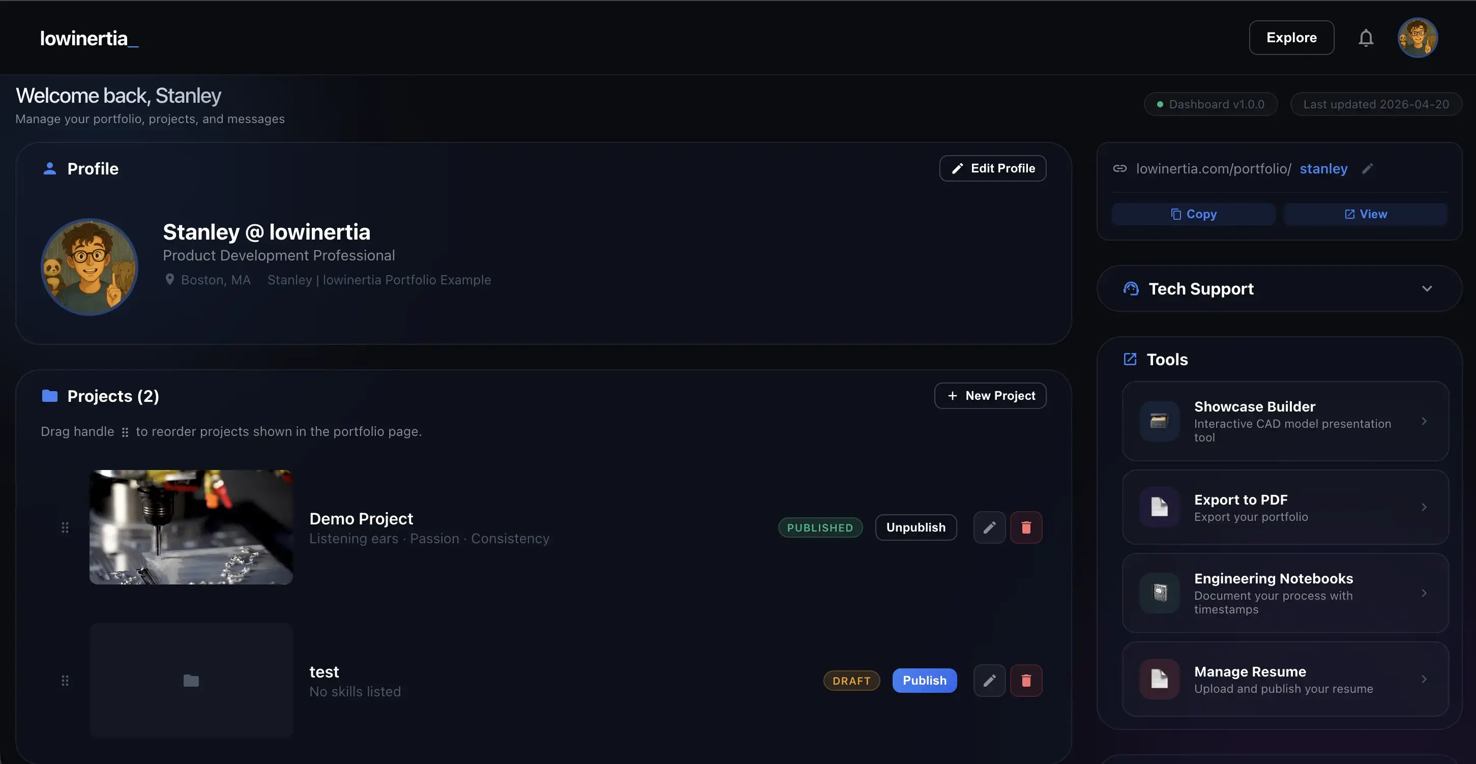 lowinertia project editor dashboard with rich text, image and video upload tools