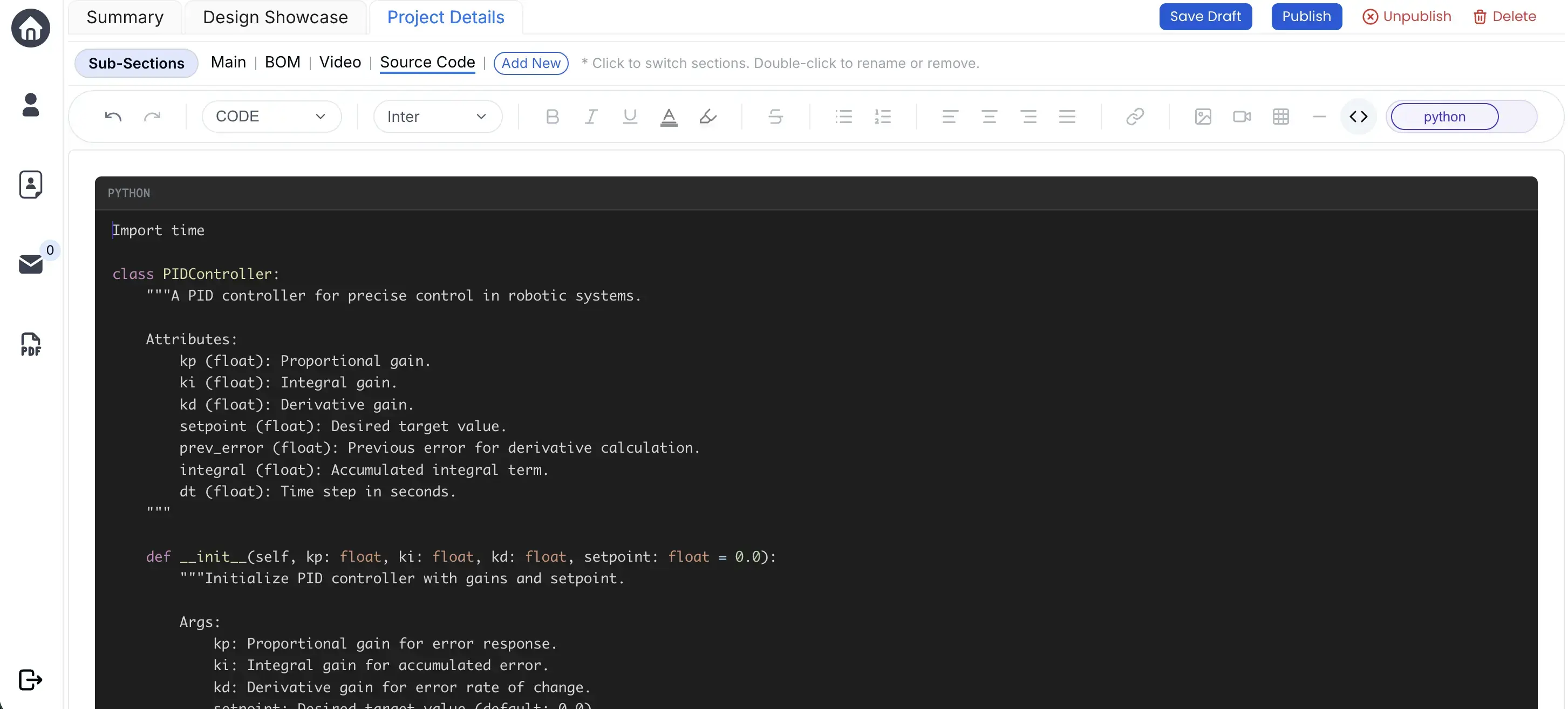 lowinertia rich text editor with code blocks, image embeds, tables and formatted text for engineering project documentation