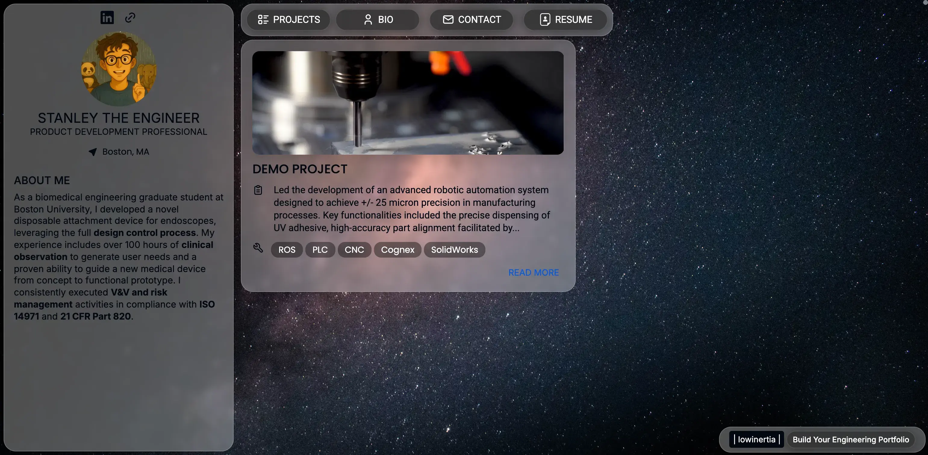 lowinertia engineering portfolio page demo showing projects, skills, and profile layout