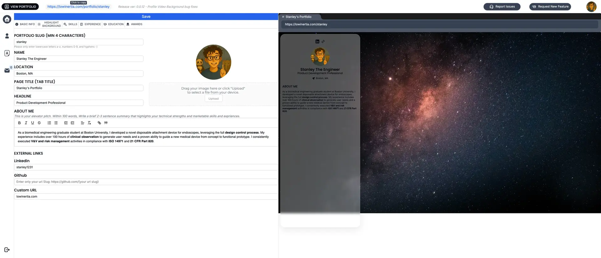 lowinertia profile personalization panel showing custom background, bio and social links